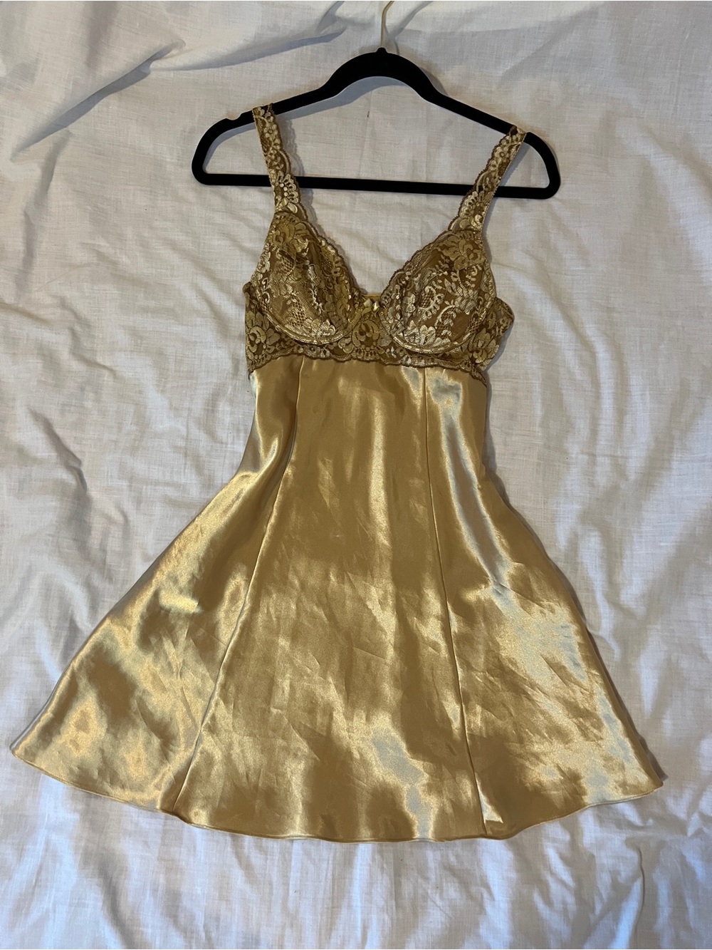 Vintage Victoria’s Secret 1990s Gold Lace Satin Chemise Nightdress